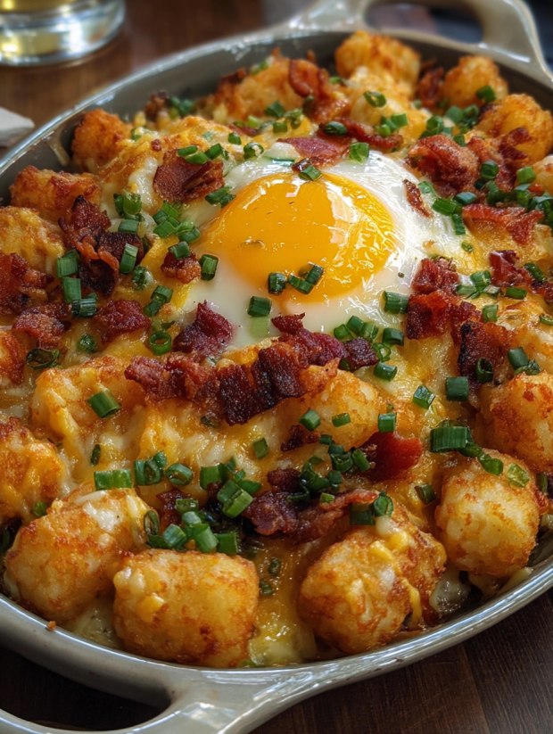 Ein Bacon Egg Tater Tot Bake mit einem Ei in der Mitte.
