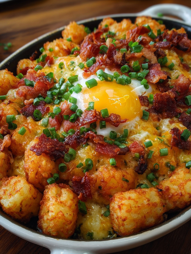 Ein Bacon Egg Tater Tot Bake mit einem Ei in der Mitte.