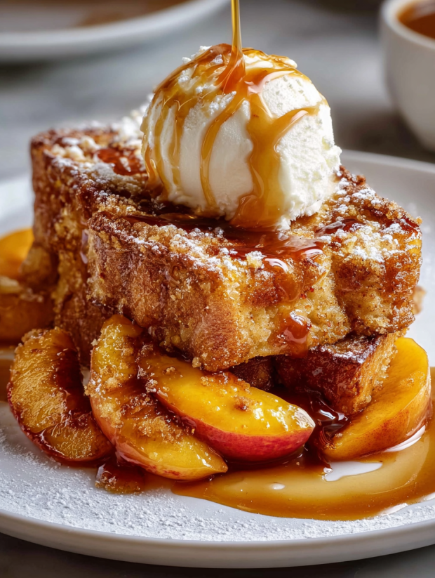 Ein Bild von einer Peach Cobbler French Toast, die mit Eis und Sauce garniert ist.