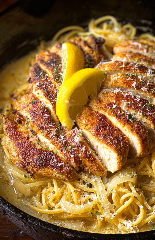 Ein Gericht aus Pasta, Zwiebeln und Parmesan.