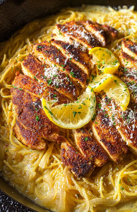 Ein Bild von einer Pasta-Gerichte mit Zwiebeln und Parmesan.
