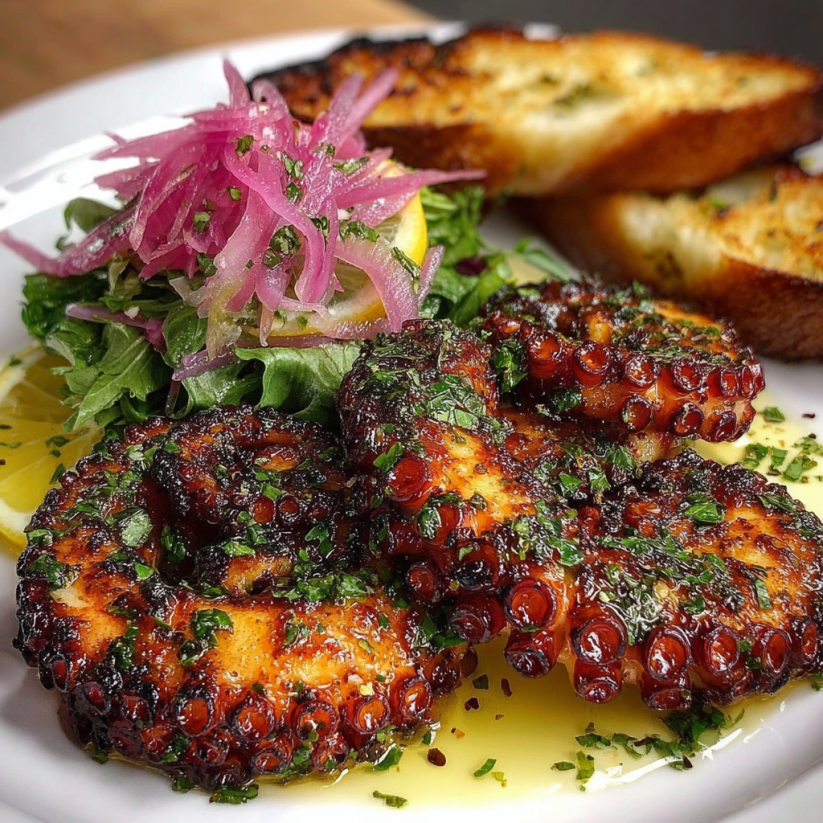 Ein Grilled Octopus mit Spicy Garlic auf einem weißen Teller.