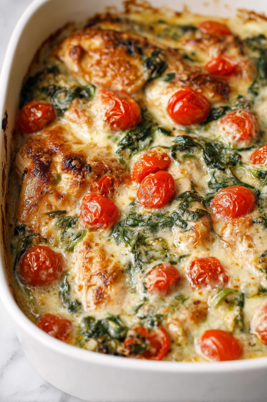 Ein Gericht aus Orzo, Tomaten, Spinat und Zwiebeln, das in einem Teller serviert wird.