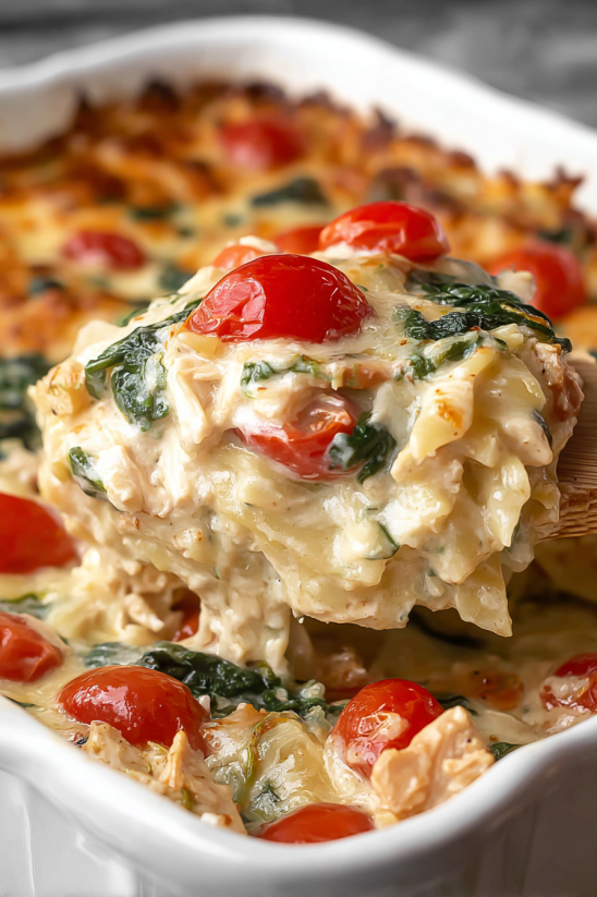 Ein einfaches, aber leckeres Gericht aus Orzo, Tomaten, Zwiebeln und Chicken, das in einem Topf zubereitet wurde.