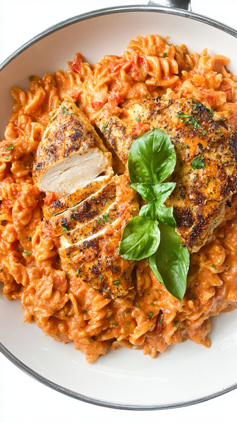 Ein Bild von Chicken Rosé Pasta (Pink Pasta) mit einer Blattgarnitur auf dem Dish.