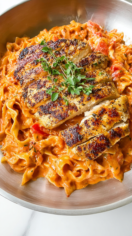 Ein Bild von Chicken Rosé Pasta (Pink Pasta), das eine Kombination aus gekochtem Hühnchen, Pasta und Tomaten enthält.