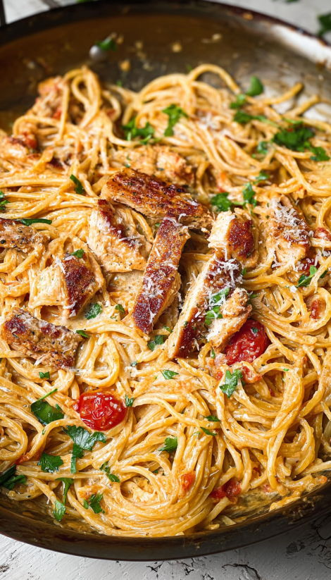 Ein Bild von einer Pasta-Gerichte, die mit Zwiebeln, Tomaten, Chicken und Pasta zubereitet wurde.