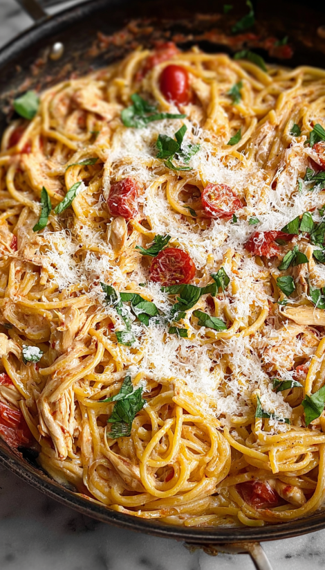 Ein Gericht aus Pasta, Tomaten, Zwiebeln und Chicken.