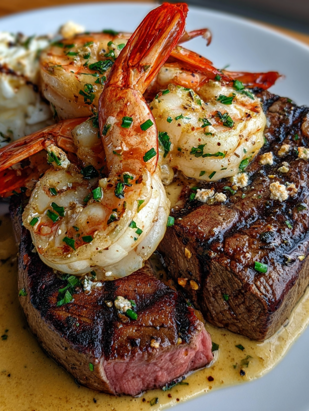 Eine prägnante Bildbeschreibung für das Bild "Ultimate Surf and Turf Steak Seafood" lautet: "Ein Steak mit gekochten Garnelen und Zwiebeln auf einem Teller".