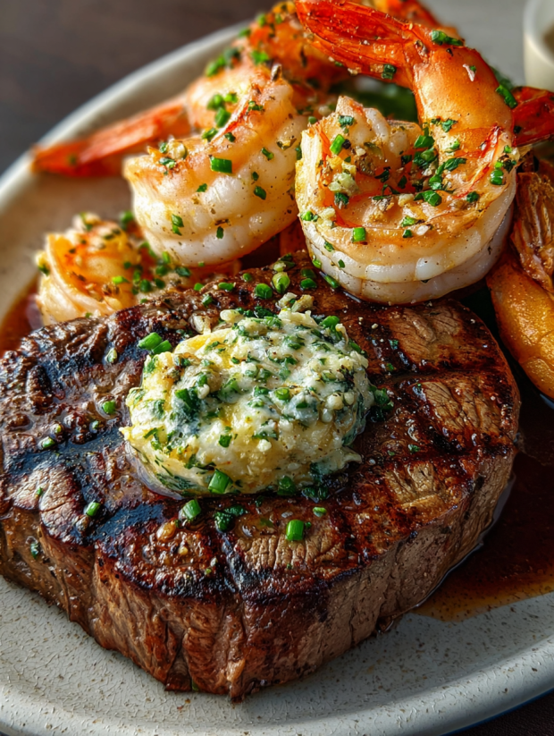 Eine prägnante Bildbeschreibung auf Deutsch lautet: "Ultimate Surf and Turf Steak Seafood".