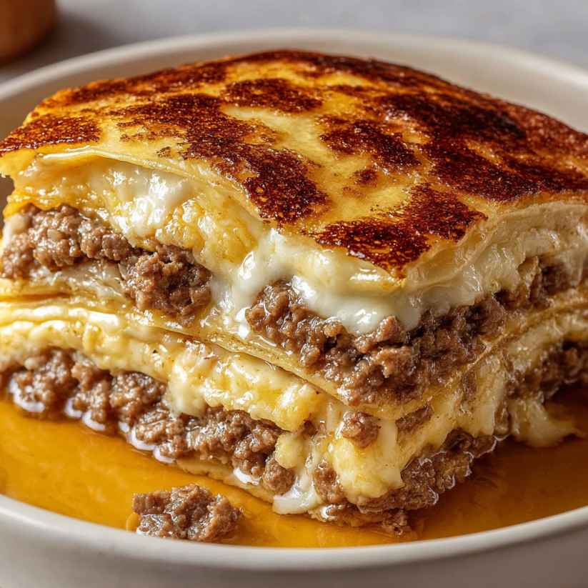 Eine Schicht aus Pancake, Sausage und Casserole, die in einem Bake gegart wurde.