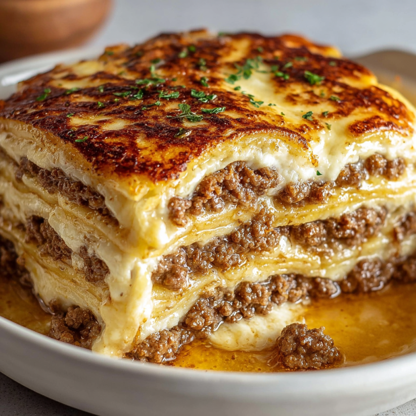 Eine Schicht aus Pancakes, Sausage und Käse, die in einem Bake gegart werden.