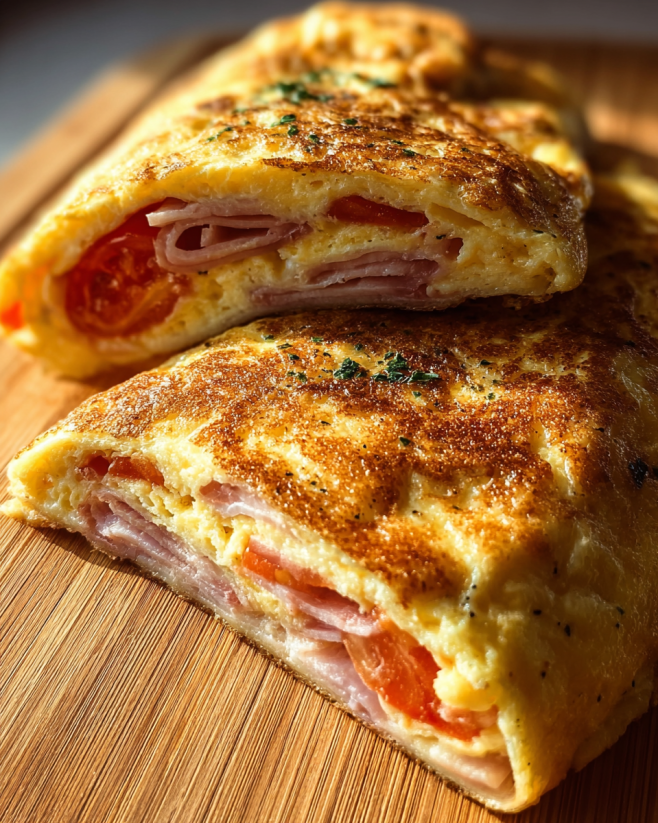 Ein Sandwich aus Käse und Tomaten auf einem Holzbrett.