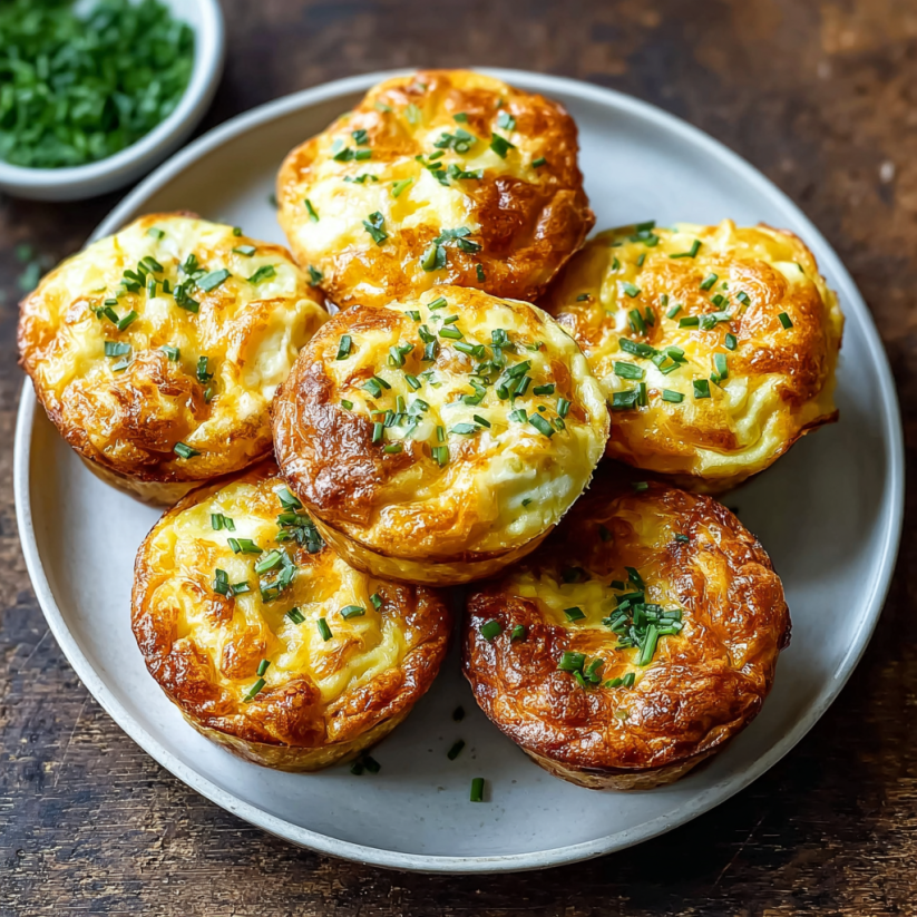 Ein weißer Teller mit sechs Eier-Muffins, die mit Zwiebeln und Käse garniert sind.