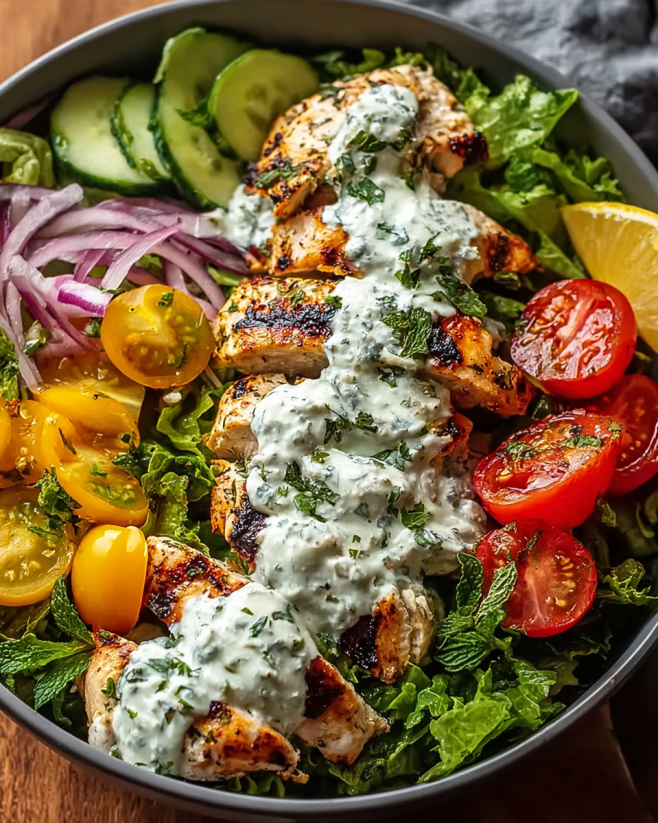 Ein Salat aus Hähnchen, Zucchini, Tomaten, Onions und Basilikum.