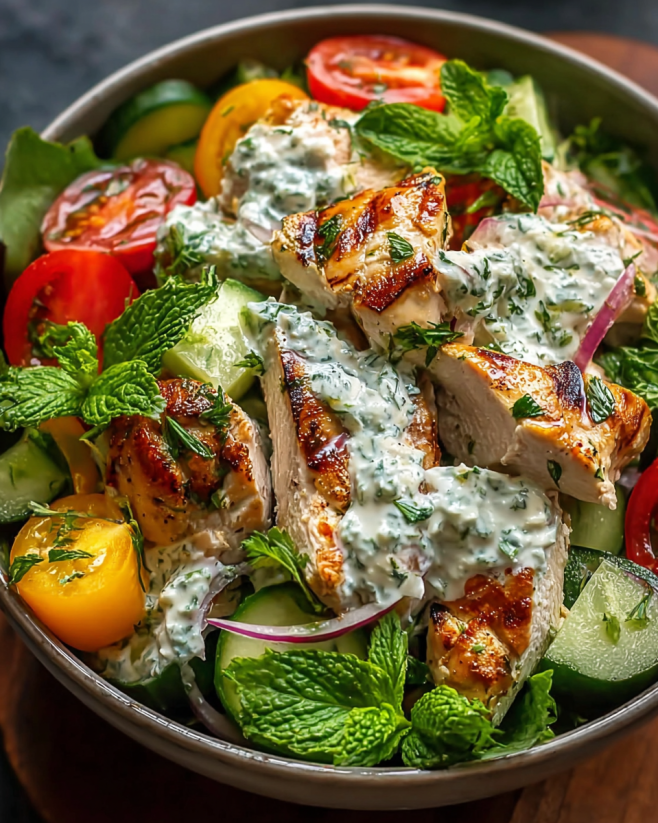 Ein Tzatziki-Hähnchen-Salat, der aus frischem Hähnchen, Zucchini, Tomaten, Basilikum und Mint besteht.