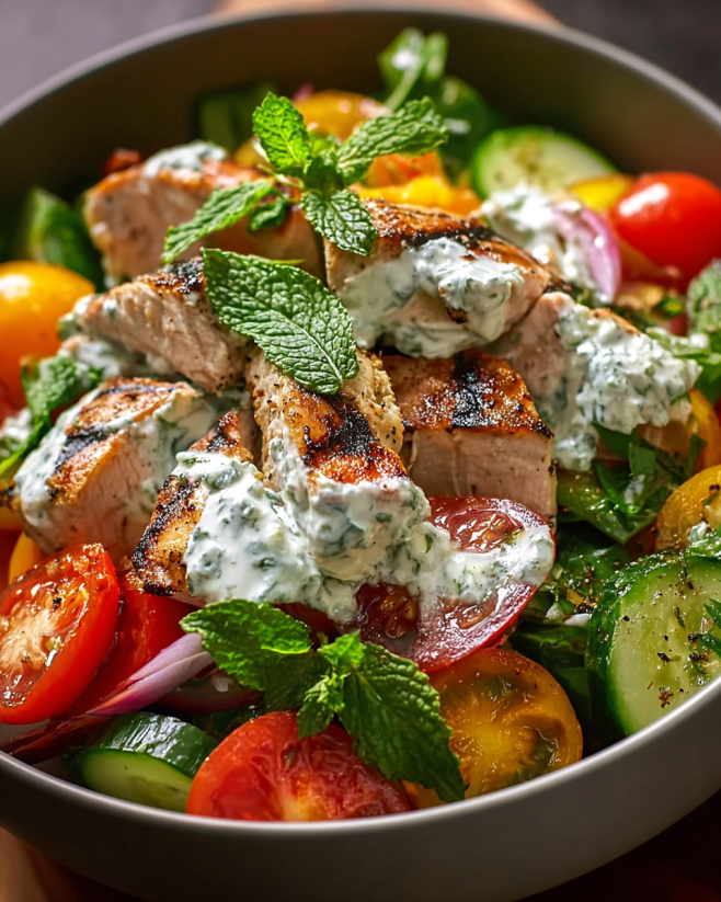 Ein Tzatziki-Hähnchen-Salat, der aus frischem Hähnchen, Tomaten, Zucchini, Basilikum und einer Mischung aus Mayonnaise und Yogurt zubereitet wurde. Der Salat ist leicht und mediterran und wird in einem großen Becher serviert.