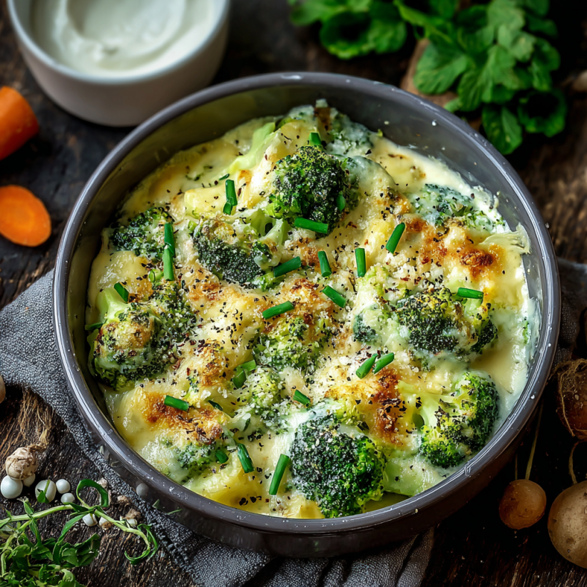 Ein Kartoffel-Brokkoli-Auflauf, der in einem Karton oder einer Schüssel serviert wird.