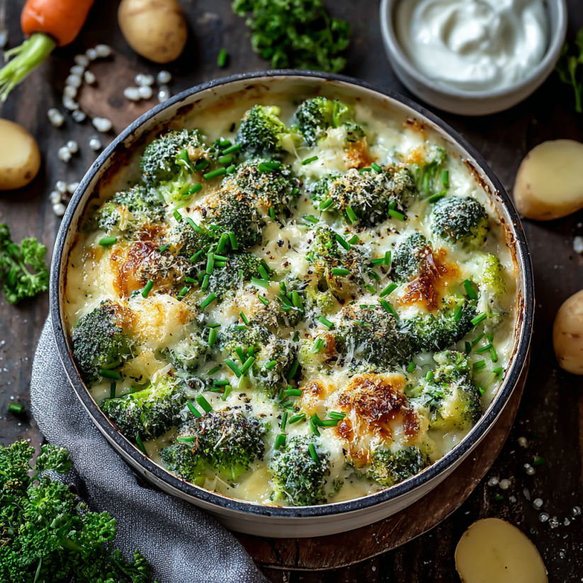 Ein Kartoffel-Brokkoli-Auflauf, der in einem Karton oder einer Schüssel serviert wird.