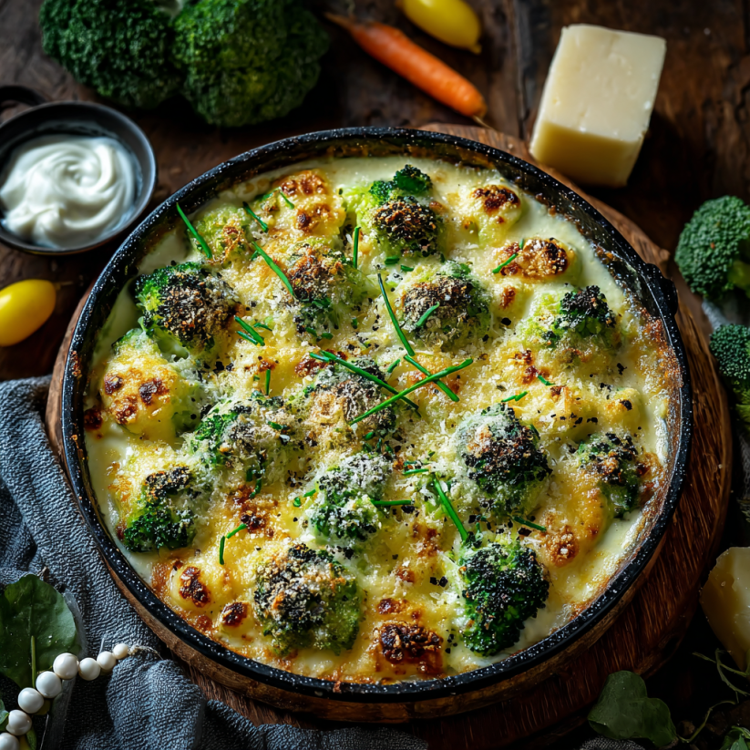 Ein Auflauf aus Kartoffeln, Brokkoli und Käse auf einem Teller.