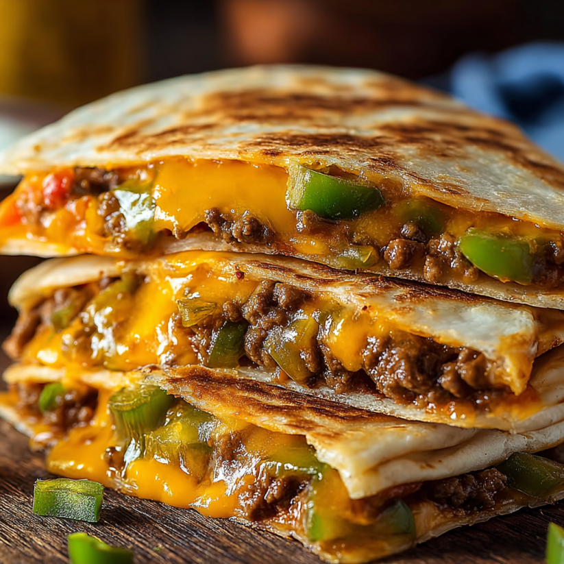 Eine Schicht aus Quesadillas mit Käse und Zwiebeln.