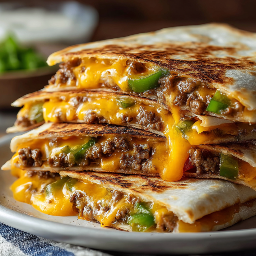 Eine Platte mit Cheeseburger-Quesadillas auf einem Tisch.