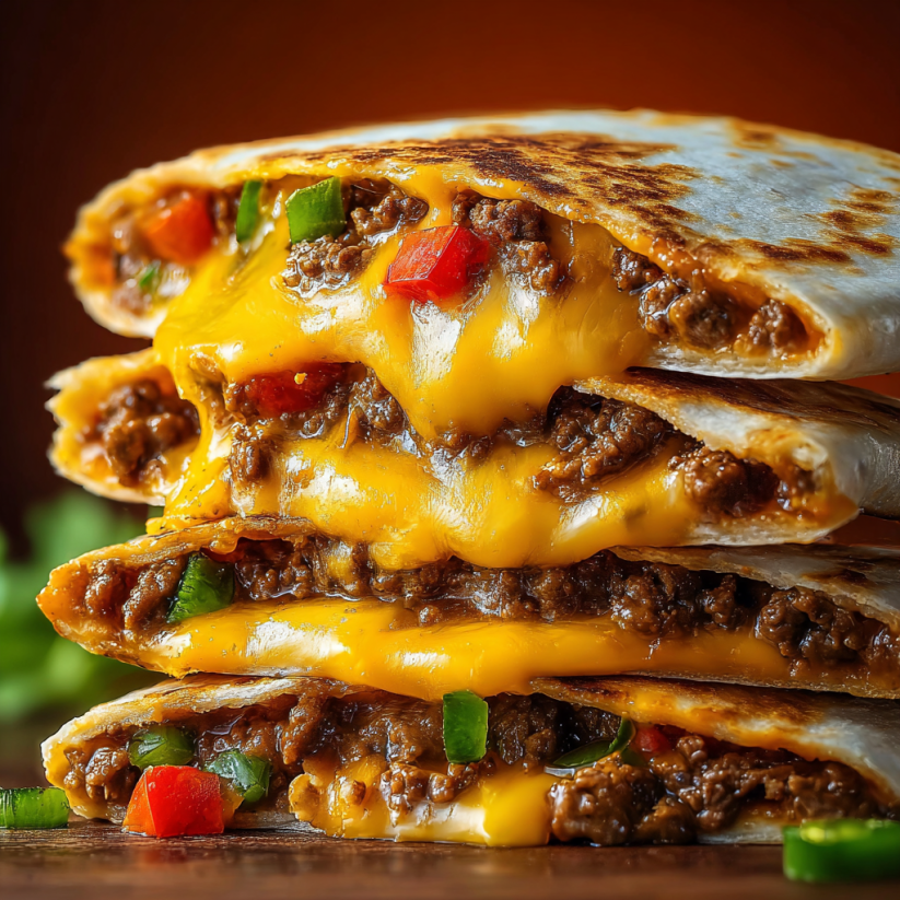 Eine Schicht aus Quesadillas, die mit Käse und Tomaten gefüllt sind, auf einem Tisch.