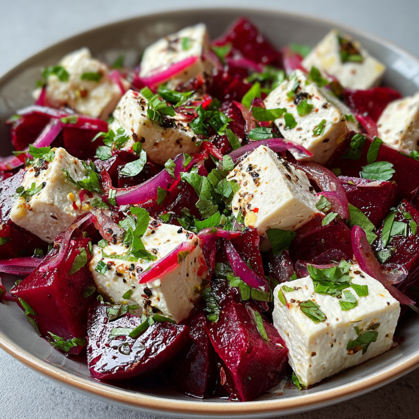 Ein Becher mit einer Mischung aus Käse, Zwiebeln und Roten Beeten.