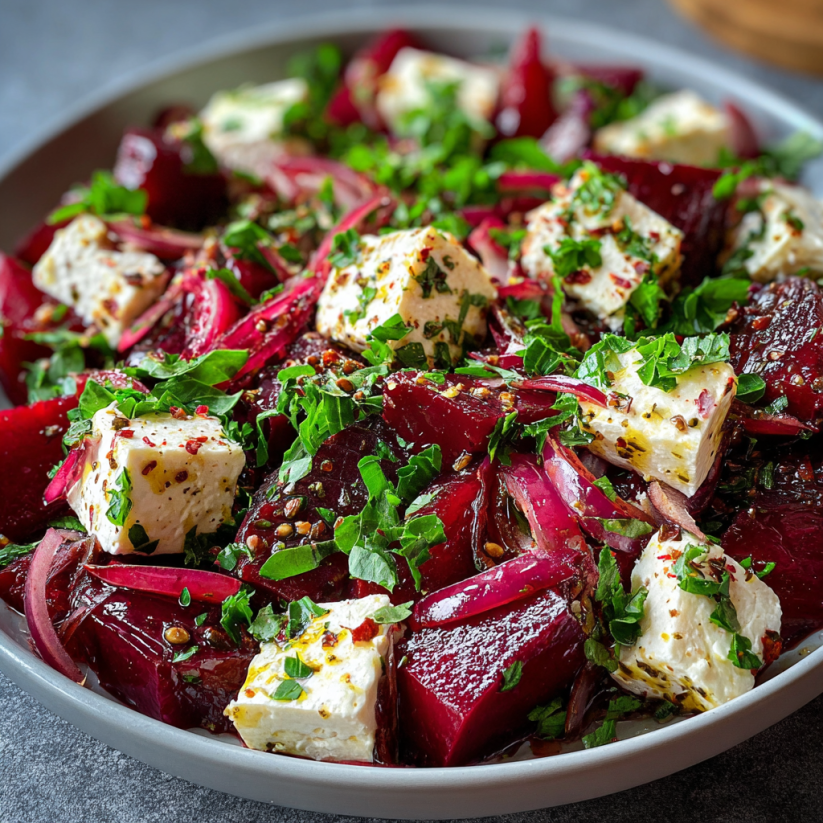 Ein Becher mit einer Mischung aus Beeren, Käse und Kräutern.