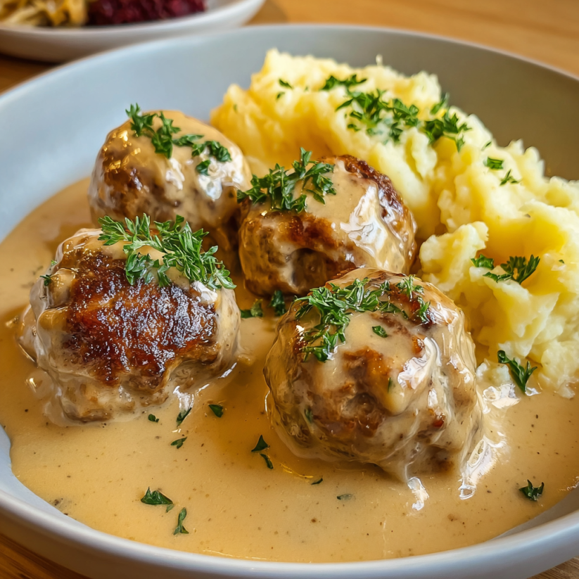 Ein weißer Teller mit Hackbällchen in cremiger Sauce und Kartoffelpüree.