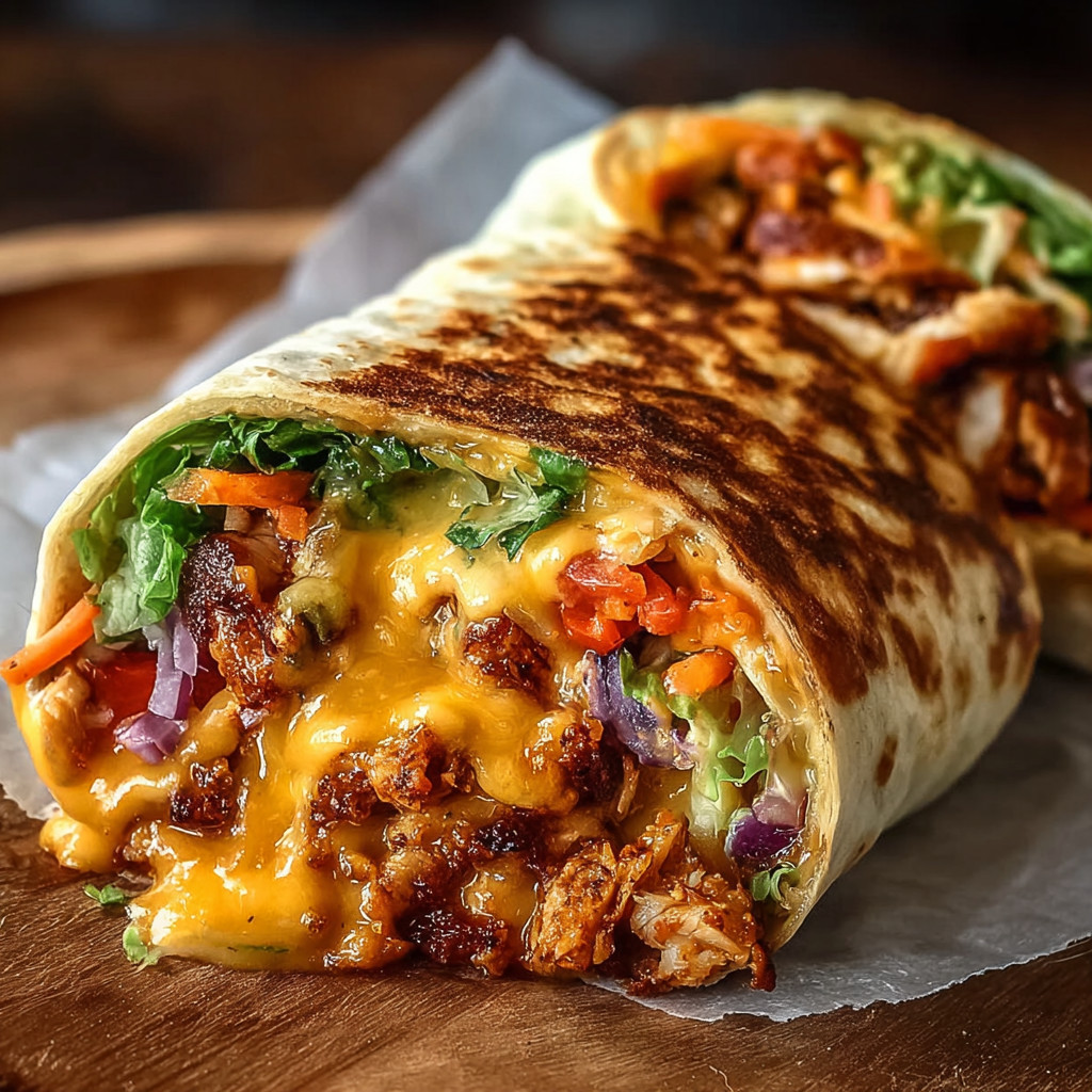 Ein großes, geschmolzes Käse-Burrito mit vielen Zutaten wie Kartoffeln, Karotten, Tomaten, Linsen und Koriander.