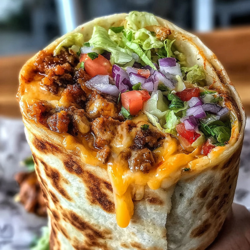 Ein großes, geschmolzes Käse-Burrito, das in einem Baguette-Brot gehüllt ist, mit viel Käse und Tomaten.