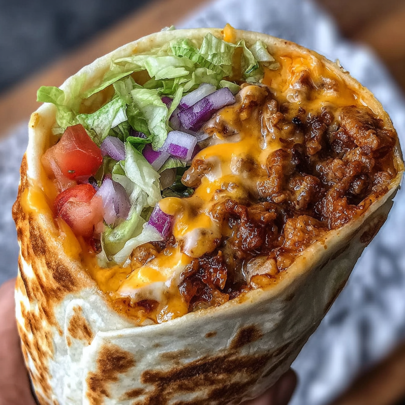 Ein großes, geschlossenes Baguette mit Käse-Burrito-Inhalt.