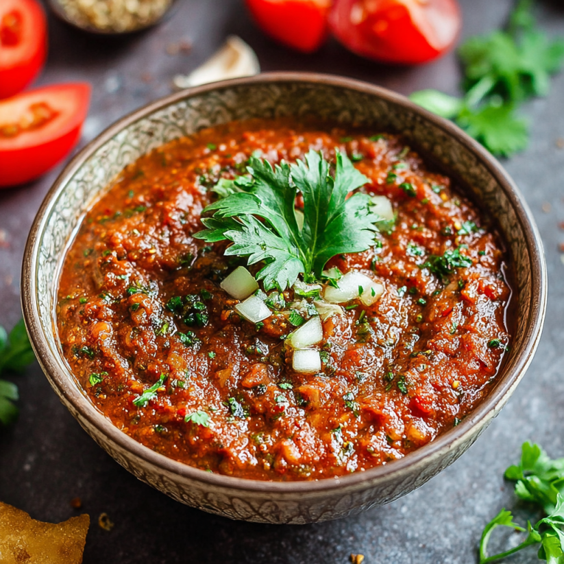 Ein kleiner, dunkler, mit Zwiebeln und Tomaten gefüllter Becher, der als "Zaalouk" bezeichnet wird.