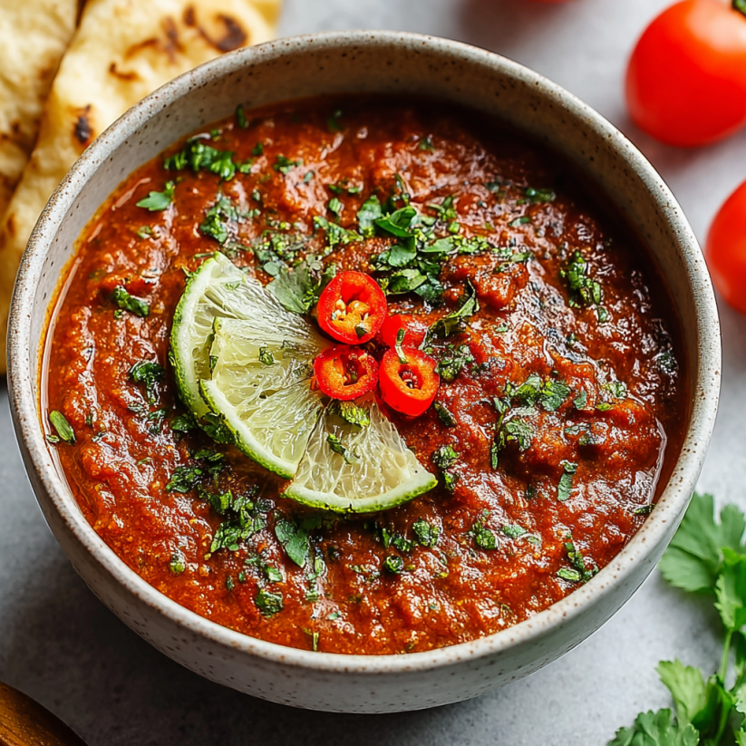 Ein Glas mit einer marokkanischen Auberginen-Tomaten-Dip, der mit Tomaten, Zwiebeln und Paprika zubereitet wurde.