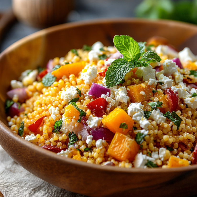 Ein gro&szlig;er, dunkel-orangefarbener Salat in einem Holz-Bowl, der mit Feta-K&auml;se, frischen Linsen und anderen Gem&uuml;sezutaten zubereitet wurde.