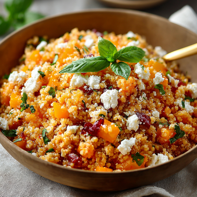 Ein großes, glänzendes, goldenes Becken mit einem orientalischen roten Linsen Salat, der mit Feta und frischem Aroma aufweist.