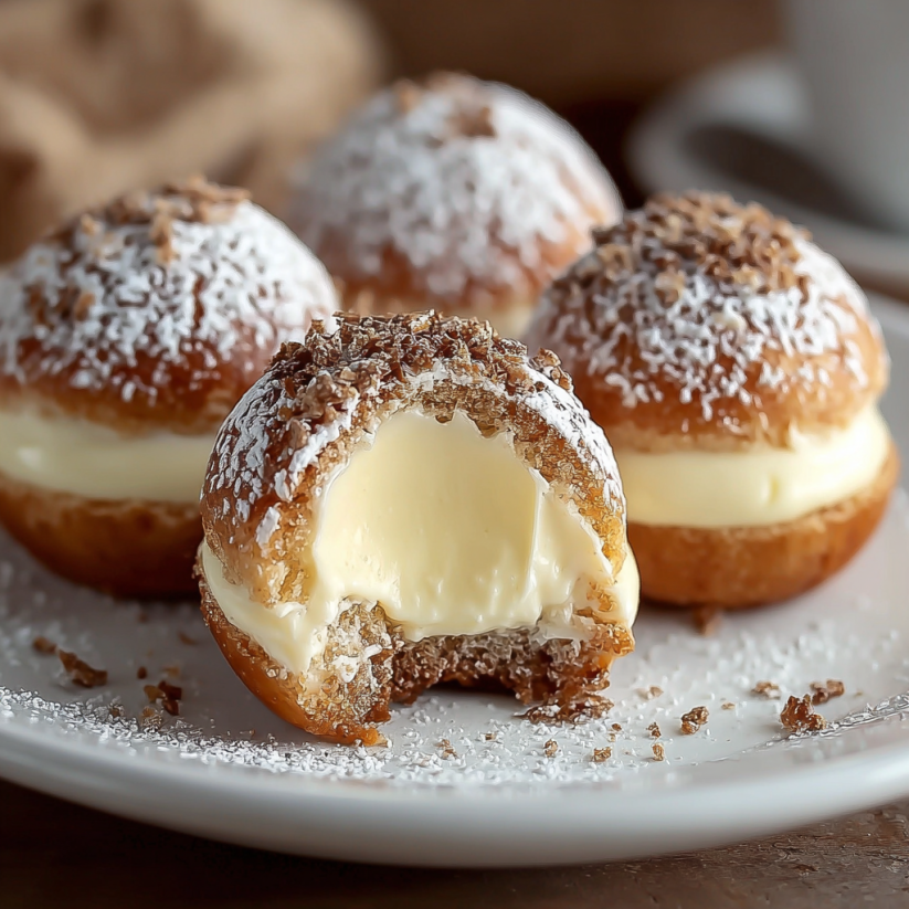 Ein weißer Teller mit 4 Kugeln, die mit Käse und Zucker bestreut sind.