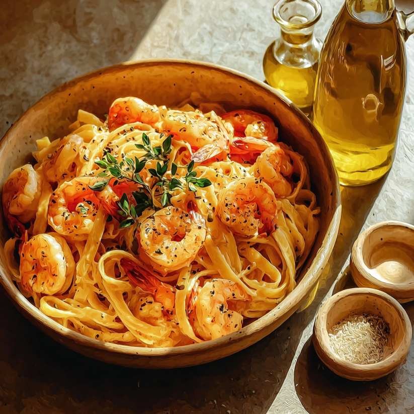 Ein Schalen mit Spaghetti und Garnelen in Frischkäsesauce.