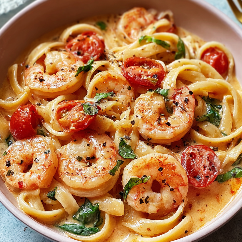 Ein weißer Teller mit Spaghetti und Garnelen in Frischkäsesauce.