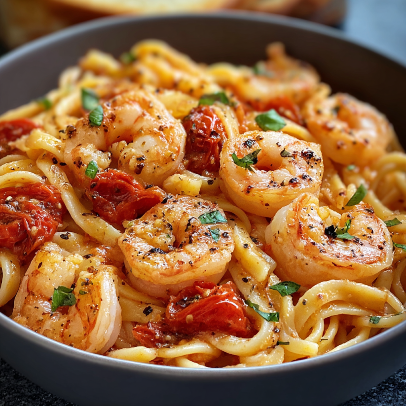 Ein Schälchen mit Spaghetti und Garnelen in Frischkäsesauce.