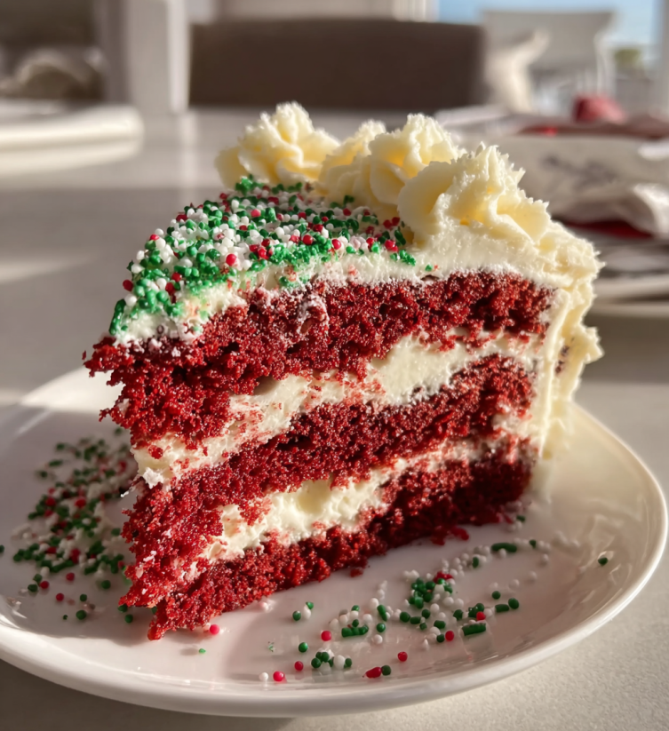 Ein Stück rotes Poke Cake mit weißen Schaumkugeln auf einem weißen Plate.