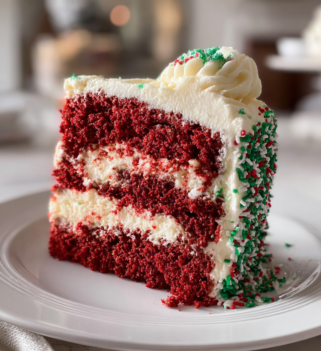 Ein Stück rotes Poke Cake mit weißen Streifen und grünen Sprinkles auf einem weißen Platter.