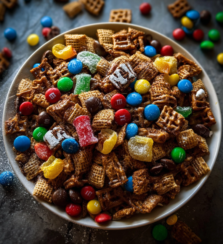 Ein weißer Teller mit einer Mischung aus Cereal, M&M's, Nuts und Schokolade.