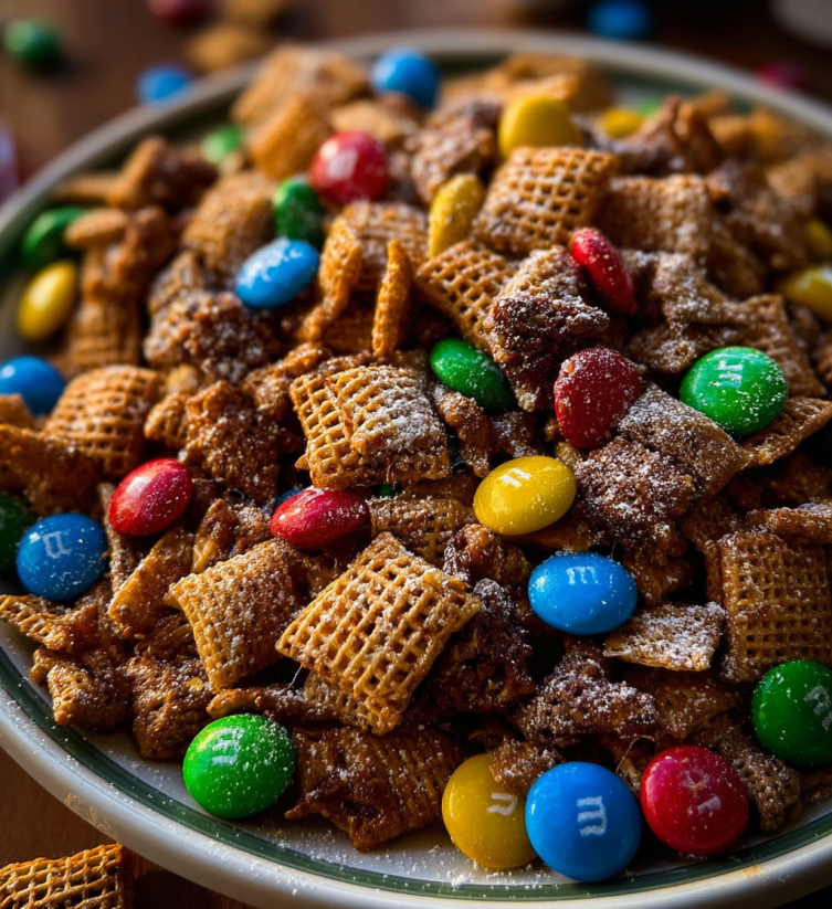 Ein weißer Teller mit M&M's-Mandeln und M&M's-Mandeln auf einem Tisch.