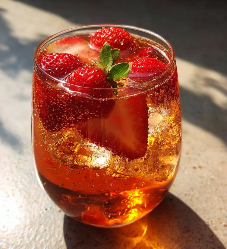 Ein Glas mit Strawberry Sweet Tea, das in Sonnenschein getaucht ist.