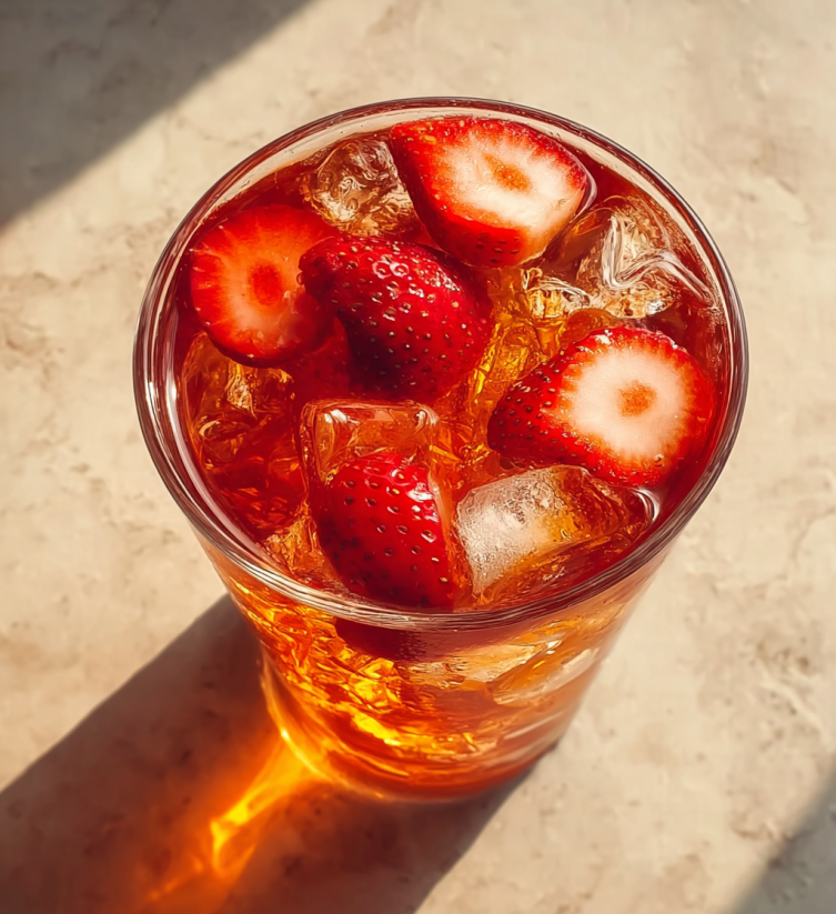 Ein Glas mit Strawberry Sweet Tea, das auf einem Tisch steht.