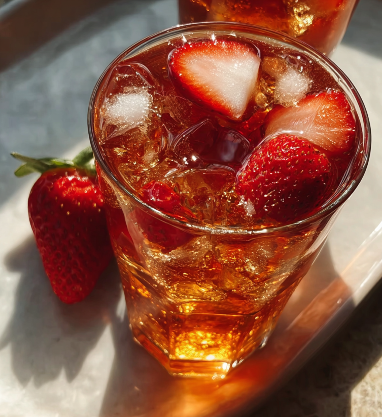 Ein Glas mit Strawberry Sweet Tea, das mit Eis und Strawberries gefüllt ist.
