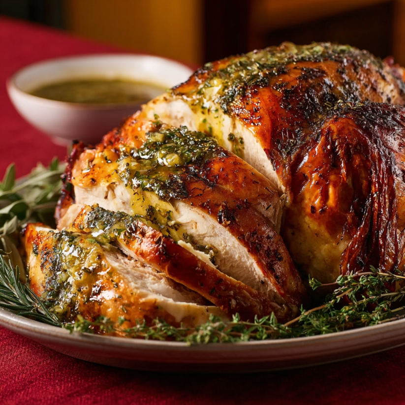 Ein Roast-Turkey-Dampf mit Herb-Butter auf einem Teller.