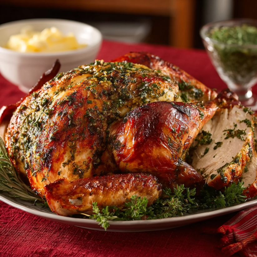 Ein ganzes, gegrilltes, mit Herb-Butter geschmoltenes, zerlegtes und garniertes Roast-Turkey.